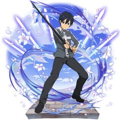Rule 34 | 1boy, black eyes, black hair, black pants, closed mouth, flower, grey jacket, hair between eyes, highres, holding, holding sword, holding weapon, jacket, kirito, long sleeves, looking at viewer, male focus, non-web source, official art, pants, smile, solo, sword, sword art online, transparent background, uniform, weapon, white flower