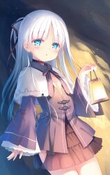 Rule 34 | 1girl, against wall, blue eyes, blush, breasts, breasts apart, brown skirt, capelet, cave, commentary request, cowboy shot, hair ribbon, half updo, highres, holding, holding lantern, lantern, layered skirt, long hair, long sleeves, looking at viewer, na-ga, neck ribbon, original, parted lips, ribbon, skirt, small breasts, solo, standing, white hair, wide sleeves