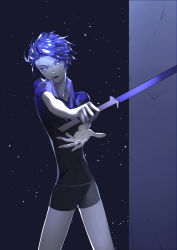 Rule 34 | 1other, absurdres, androgynous, blue eyes, blue hair, blue zoisite (houseki no kuni), colored eyelashes, colored skin, crystal hair, fighting stance, gem uniform (houseki no kuni), highres, houseki no kuni, looking at viewer, necktie, night, scowl, short hair, solo, sword, weapon, white skin