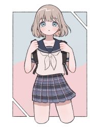 Rule 34 | 1girl, absurdres, backpack, bag, black bag, blue eyes, blue sailor collar, blue skirt, bob cut, border, checkered clothes, checkered skirt, collarbone, commentary, cropped legs, dot nose, ear piercing, hands up, highres, holding strap, idolmaster, idolmaster shiny colors, light blush, light brown hair, looking afar, neckerchief, open mouth, outside border, piercing, sailor collar, serizawa asahi, shirt, short hair, short sleeves, simple background, skirt, solo, sorcery, thighs, two-tone background, white border, white neckerchief, white shirt