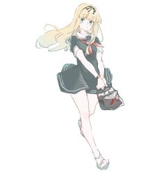Rule 34 | 1girl, adapted costume, bag, black dress, black ribbon, blonde hair, commentary request, dress, female focus, full body, green eyes, hair ribbon, highres, kantai collection, long hair, looking to the side, ribbon, rureizi, sailor dress, simple background, solo, straight hair, toeless footwear, watch, white background, wristwatch, yuudachi (kancolle)