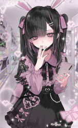 Rule 34 | 1girl, absurdres, annoyed, black gemstone, black hair, black nails, blunt bangs, closed mouth, frilled sleeves, frills, frown, gem, glint, hair ornament, hairclip, half updo, heart, heart hair ornament, highres, lace, light particles, long hair, looking at viewer, multicolored hair, niyemiiii, original, pearl (gemstone), pearl hair ornament, pout, purple hair, solo, sparkle, straight hair, twintails, two-tone hair, two side up, v-shaped eyebrows