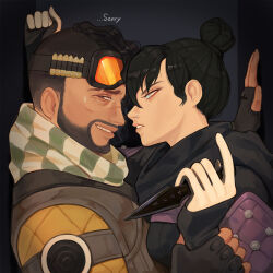 Rule 34 | 1boy, 1girl, apex legends, black gloves, black hair, black scarf, blue eyes, bodysuit, brown eyes, checkered clothes, checkered scarf, commentary, facial hair, fingerless gloves, from side, gloves, goatee, goggles, goggles on head, green scarf, hair behind ear, hair bun, holding, holding another&#039;s wrist, holding knife, knife, kunai, looking back, mirage (apex legends), namjak, orange bodysuit, parted lips, scarf, single hair bun, symbol-only commentary, trapped, weapon, wraith&#039;s kunai, wraith (apex legends)