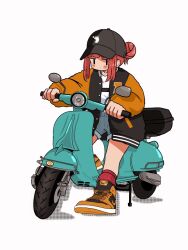 Rule 34 | 1girl, baseball cap, black eyes, black hat, black jacket, blue shorts, buttons, denim, denim shorts, full body, hair bun, hat, jacket, long sleeves, looking at viewer, motor vehicle, multicolored clothes, multicolored jacket, nao97122, nike (company), on scooter, open clothes, open jacket, orange footwear, orange jacket, orange sleeves, original, red hair, red socks, scooter, shirt, shoes, shorts, simple background, sitting, sneakers, socks, solo, streetwear, twintails, two-tone jacket, white background, white shirt
