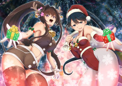 Rule 34 | alternate costume, blush, box, breasts, brown eyes, brown hair, cherry blossoms, christmas, flower, fur trim, gift, gift box, hair flower, hair ornament, hat, highleg, highres, houshou (kancolle), kantai collection, large breasts, long hair, looking at viewer, miniskirt, moke ro, navel, night, night sky, open mouth, pantyhose, ponytail, red legwear, santa costume, santa hat, skirt, sky, smile, snowflakes, thighhighs, very long hair, yamato (kancolle)