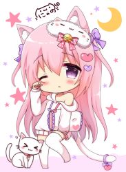 Rule 34 | &gt; &lt;, 1girl, :3, ;o, animal, animal ears, bare shoulders, bell, blush, bow, cat, cat ears, cat girl, cat tail, chibi, closed eyes, closed mouth, commentary request, crescent, drawstring, full body, hair bell, hair between eyes, hair bow, hair ornament, head tilt, heart, highres, hood, hood down, hoodie, jingle bell, long hair, looking at viewer, no shoes, nyano21, off shoulder, one eye closed, original, parted lips, pink bow, pink hair, polka dot, polka dot bow, purple bow, purple eyes, signature, solo, standing, standing on one leg, star (symbol), tail, tail bow, tail ornament, thighhighs, two side up, very long hair, white background, white hoodie, white thighhighs