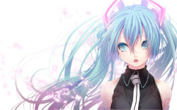 Rule 34 | 1girl, aqua eyes, aqua hair, bare shoulders, female focus, gradient background, hatsune miku, long hair, looking at viewer, necktie, nilitsu, open mouth, portrait, solo, twintails, vocaloid, white background