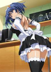Rule 34 | 00s, 1girl, adjusting clothes, backless dress, backless outfit, bashoku youjou, black thighhighs, blue hair, breasts, dress, earrings, elbow gloves, from below, gloves, hair ribbon, ikkitousen, indoors, jewelry, large breasts, looking at viewer, magatama, magatama earrings, maid, maid headdress, orange ribbon, pink eyes, ribbon, short twintails, sideboob, solo, thighhighs, twintails, white gloves