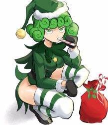 Rule 34 | 1girl, adapted costume, breasts, candy, candy cane, christmas, commentary, curly hair, dress, english commentary, flipped hair, food, full body, green dress, green eyes, green hair, green hat, hat, looking at viewer, mittens, one-punch man, rakeemspoon, sack, santa hat, short hair, side slit, small breasts, solo, squatting, striped clothes, striped thighhighs, tatsumaki, thighhighs