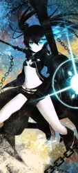 Rule 34 | 1girl, artist name, belt, bikini, bikini top only, black bikini, black footwear, black hair, black rock shooter, black rock shooter (character), black shorts, blue eyes, boots, breasts, chain, cleavage, colored skin, flaming eyes, floating hair, hair between eyes, highres, holding, holding sword, holding weapon, knee boots, long hair, looking at viewer, rimuu, scar, short shorts, shorts, small breasts, solo, swimsuit, sword, twintails, weapon, white skin