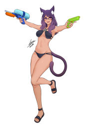 Rule 34 | 1girl, absurdres, airisubaka, animal ear fluff, animal ears, armpits, artist name, warrior of light (ff14), bare arms, bare shoulders, bikini, black-framed eyewear, black bikini, breasts, cat ears, cat girl, cat tail, check copyright, collarbone, commentary, copyright request, dual wielding, facial mark, final fantasy, final fantasy xiv, full body, glasses, highres, holding, large breasts, leg up, long hair, looking at viewer, medium breasts, navel, open mouth, original, purple eyes, purple hair, sandals, signature, simple background, smile, solo, standing, standing on one leg, stomach, swimsuit, tail, toes, water gun, white background