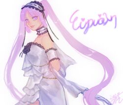 Rule 34 | 1girl, arm garter, arms behind back, character name, choker, dress, euryale (fate), fate/grand order, fate/hollow ataraxia, fate (series), frilled choker, frilled hairband, frills, hairband, highres, lolita hairband, long hair, looking at viewer, misomiso211, purple eyes, purple hair, simple background, smile, solo, twintails, upper body, very long hair, white background, white dress