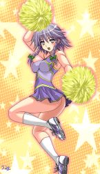 Rule 34 | 1girl, absurdres, alternate costume, ass, bare shoulders, bow, braid, breasts, cheerleader, covered erect nipples, female focus, grey eyes, hair bow, highres, impossible clothes, impossible shirt, izayoi sakuya, kneehighs, large breasts, no panties, pom pom (cheerleading), shirt, shoes, short hair, silver hair, skin tight, smile, sneakers, socks, solo, touhou, twin braids, umyonge (lkakeu), white socks