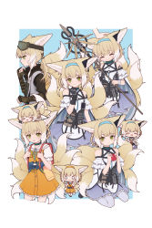 Rule 34 | 0 0, 1girl, :3, :d, :o, = =, alternate costume, animal ears, arknights, backpack, bag, bare shoulders, black collar, black gloves, blonde hair, blue background, blue dress, border, braid, chibi, chibi on head, chinese commentary, closed eyes, collar, commentary request, dress, earpiece, fingerless gloves, food, fox ears, fox girl, fox tail, from side, fruit, gloves, goggles, goggles on head, green eyes, hair tubes, hairband, headpat, highres, holding, holding food, holding fruit, holding staff, id card, infection monitor (arknights), kitsune, kyuubi, looking at viewer, lxjun 09, material growth, multicolored hair, multiple tails, multiple views, official alternate costume, on head, open mouth, orange dress, orange hairband, oripathy lesion (arknights), pantyhose, profile, randoseru, red bag, seiza, short hair, simple background, sitting, smile, staff, standing, straight-on, streaked hair, suzuran (arknights), suzuran (let&#039;s carnival!) (arknights), tactical clothes, tail, thighhighs, too much fluff, two-tone dress, vest, white border, white dress, white hair, white thighhighs