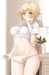 Rule 34 | 1girl, absurdres, blonde hair, bow, bow bra, bow panties, bra, breasts, clothes in mouth, commentary, cowboy shot, frilled bra, frills, genshin impact, hair ornament, highres, looking at viewer, lumine (genshin impact), medium breasts, mouth hold, navel, panties, panty pull, shengtian, shirt in mouth, thighs, underwear, white bra, white panties, yellow eyes