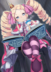 Rule 34 | 10s, 1girl, beatrice (re:zero), beriko (dotera house), blonde hair, blue eyes, blurry, blush, book, bookshelf, bow, bug, butterfly, butterfly-shaped pupils, capelet, closed mouth, crossed ankles, crown, cup, depth of field, dress, drill hair, dutch angle, from below, frown, fur trim, grimoire, hair ribbon, highres, holding, holding book, holding cup, insect, long hair, long sleeves, looking at viewer, mini crown, open book, pantyhose, pentagram, pink bow, pink footwear, pink ribbon, pom pom (clothes), re:zero kara hajimeru isekai seikatsu, ribbon, shoes, sitting, solo, steam, striped clothes, striped pantyhose, symbol-shaped pupils, teacup, twin drills