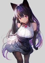 Rule 34 | 1girl, alternate costume, animal ears, bare shoulders, black gloves, black hair, black pantyhose, brooch, cowboy shot, dress, elbow gloves, gloves, gradient hair, grey background, hand in own hair, hand up, head tilt, highres, imaizumi kagerou, jewelry, multicolored hair, onion (onion and pi-natto), pantyhose, purple hair, red eyes, short dress, simple background, solo, standing, touhou, wolf ears