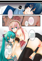 Rule 34 | blue eyes, blue hair, blush, breasts, censored, green hair, hard-translated, hatsune miku, headset, kaito (vocaloid), long hair, megurine luka, nail polish, nipples, nude, pink hair, pussy, short hair, thighhighs, third-party edit, translated, twintails, very long hair, vocaloid