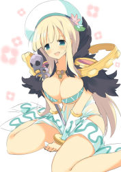 Rule 34 | 1girl, bangle, blonde hair, blue eyes, blue flower, blunt bangs, blush, bracelet, breasts, cleavage, commentary request, detached sleeves, dress, flower, foot out of frame, fur collar, hat, hat flower, jewelry, kaede (sayappa), large breasts, long hair, looking at viewer, o-ring, o-ring top, official style, open mouth, pink flower, ragnarok online, see-through, see-through dress, senran kagura, senran kagura estival versus, senran kagura shinovi versus, sitting, skill, sleeveless, sleeveless dress, smile, solo, sorcerer (ragnarok online), staff, tam (ragnarok online), wariza, white background, white hat, white sleeves, yomi (senran kagura)