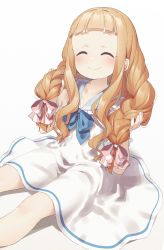 Rule 34 | 1girl, ^ ^, absurdres, blue bow, blue sailor collar, blush, bow, braid, brown hair, closed eyes, closed mouth, commentary request, dress, closed eyes, facing viewer, feet out of frame, forehead, grey background, hair bow, hands up, highres, holding, holding hair, ichihara nina, idolmaster, idolmaster cinderella girls, long hair, puffy short sleeves, puffy sleeves, sailor collar, sailor dress, short eyebrows, short sleeves, sitting, solo, striped, striped bow, thick eyebrows, twin braids, very long hair, white dress, yukie (kusaka shi)