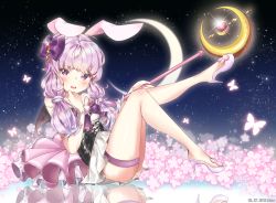 Rule 34 | 1girl, 2018, animal ears, blush, bow, bug, butterfly, crescent moon, dated, dress, flower, hair bow, high heels, highres, holding, holding staff, insect, long hair, looking at viewer, low twintails, moon, open mouth, pink flower, purple bow, purple eyes, purple footwear, purple hair, rabbit ears, rimu (gucg8333), shoes, short dress, sitting, solo, sparkle, staff, star (sky), teeth, thigh strap, twintails, vocaloid, voiceroid, white dress, yuzuki yukari
