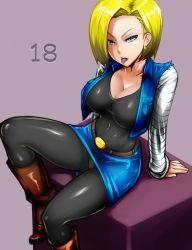 Rule 34 | 1girl, android 18, arm support, blonde hair, blue eyes, boots, breasts, dragon ball, dragonball z, earrings, highres, jewelry, looking at viewer, okyou, open mouth, panties, pantyhose, pantyshot, short hair, sitting, skirt, solo, tongue, tongue out, underwear