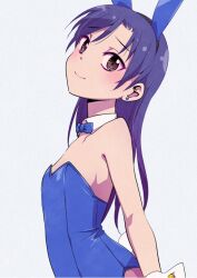 Rule 34 | 1girl, animal ears, bare shoulders, blue bow, blue bowtie, blue hair, blue leotard, blush, bow, bowtie, brown eyes, closed mouth, collar, collarbone, detached collar, dot nose, earrings, fake animal ears, fake tail, flat chest, from side, grey background, idolmaster, idolmaster (classic), idolmaster million live!, idolmaster million live! theater days, jewelry, kisaragi chihaya, leotard, long hair, looking at viewer, playboy bunny, rabbit ears, rabbit tail, simple background, smile, solo, strapless, strapless leotard, tail, tommy region, upper body, white collar, white wrist cuffs, wrist cuffs