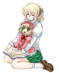 Rule 34 | 00s, 10s, 2girls, blind, blonde hair, bow, braille, crossover, dress, drill hair, green eyes, hair bow, hinaichigo, katawa shoujo, kekekeke, kneehighs, loafers, long sleeves, multiple girls, open mouth, pink bow, reading, rozen maiden, satou lilly, shoes, simple background, sitting, socks, white background, white legwear