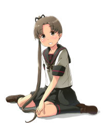 Rule 34 | 10s, 1girl, anchor symbol, asymmetrical hair, ayanami (kancolle), black thighhighs, blush, clenched teeth, collarbone, full body, gonta (gshoutai), highres, kantai collection, loafers, long hair, looking at viewer, neckerchief, parted lips, sailor collar, school uniform, serafuku, shirt, shoes, short sleeves, side ponytail, simple background, sitting, solo, teeth, thighhighs, wariza, white background, white shirt, zettai ryouiki