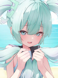 Rule 34 | 1girl, absurdres, bananafish1111, bare shoulders, beach, black sailor collar, blue archive, blue eyes, blush, dot nose, furrowed brow, green hair, hair between eyes, hair ornament, hair tie, hatsune miku, highres, holding, holding own hair, looking at viewer, ocean, open mouth, own hands together, rectangular mouth, sailor collar, shirt, shore, sidelocks, sleeveless, sleeveless shirt, solo, twintails, upper body, vocaloid, white shirt