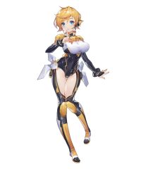 Rule 34 | 1girl, aqua eyes, artist request, black bodysuit, black sleeves, blonde hair, blush, bodysuit, breasts, bridal gauntlets, chalice (final gear), clothing cutout, final gear, full body, headset, highres, horizontal-striped collar, large breasts, leg up, long sleeves, microphone, multicolored bodysuit, multicolored clothes, official art, open mouth, pointing, pointing up, short hair, simple background, solo, standing, standing on one leg, tachi-e, thigh cutout, third-party source, transparent background, white stripes, yellow collar