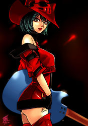 Rule 34 | arc system works, ass, bare shoulders, boots, electric guitar, gibson les paul, green hair, guilty gear, guitar, hat, i-no, instrument, mole, red hat, short hair, solo, teruchan, thigh boots, thighhighs, witch hat