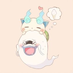 Rule 34 | &gt; &lt;, 10s, abbreviated karakusa, bad id, bad pixiv id, blush, closed eyes, eating, food, furoshiki, ghost, heart, ice cream, ice cream cone, komasan, lowres, mei (maysroom), no humans, open mouth, purple lips, simple background, soft serve, sweat, thought bubble, traditional youkai, whisper (youkai watch), youkai watch