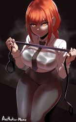 Rule 34 | 1girl, aestheticc-meme, black background, bra, bra visible through clothes, breasts, chainsaw man, curvy, femdom, highres, large breasts, leash, looking at viewer, makima (chainsaw man), medium hair, necktie, orange hair, red hair, shirt, simple background, smile, solo, underwear, wet, wet clothes, wet shirt, yellow eyes