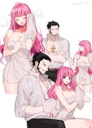 Rule 34 | 1boy, 1girl, :d, beard, black eyes, breasts, cleavage, commentary request, cross, cross necklace, crossed arms, dracule mihawk, closed eyes, facial hair, jewelry, joman, korean commentary, large breasts, long hair, naked towel, necklace, one piece, open mouth, perona, pink hair, shirt, simple background, sitting, smile, towel, white background, white shirt