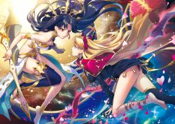 Rule 34 | 2girls, amg (nwmnmllf), anklet, arm belt, bare shoulders, barefoot, black hair, black panties, blonde hair, bow, cape, closed mouth, commentary request, crown, earrings, ereshkigal (fate), eye contact, fate/grand order, fate (series), feet, floating, floating hair, hair bow, heavenly boat maanna, holding, holding sword, holding weapon, ishtar (fate), ishtar (fate), jewelry, long hair, looking at another, multiple girls, panties, red eyes, single thighhigh, sky, space, star (sky), starry sky, sword, thighhighs, toes, tohsaka rin, two side up, underwear, weapon