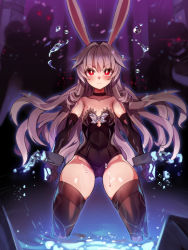 Rule 34 | 1girl, 2others, animal ears, bare shoulders, black gloves, black leotard, black thighhighs, breasts, broken, broken chain, chain, choker, clenched hands, cuffs, ddg160, elbow gloves, elin, gloves, glowing, glowing eyes, groin, hair intakes, highres, legs apart, leotard, long hair, multiple others, rabbit ears, red eyes, silver hair, skindentation, small breasts, strapless, strapless leotard, tera online, thick thighs, thighhighs, thighs, wading, water, wet
