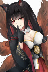 Rule 34 | 1girl, akagi (azur lane), animal ears, azur lane, black gloves, black hair, blush, breasts, cleavage, finger to mouth, fox ears, fox tail, gloves, highres, japanese clothes, long hair, looking at viewer, medium breasts, red eyes, solo, tail, tongue, tongue out, umber00, white background
