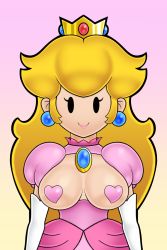 Rule 34 | 1girl, black eyes, black outline, blank eyes, blonde hair, breasts, brooch, crown, dress, earrings, elbow gloves, eyelashes, gloves, gradient background, heart, heart pasties, highres, jewelry, large breasts, lips, long hair, looking at viewer, mario (series), nintendo, no nose, outline, paper mario, pasties, pink background, pink dress, pink lips, princess peach, puffy short sleeves, puffy sleeves, short sleeves, sleepiitreat, solo, white gloves, yellow background