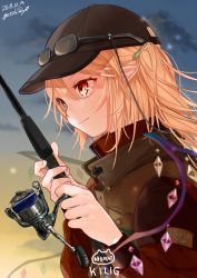 Rule 34 | 1girl, alternate costume, bad id, bad twitter id, baseball cap, black hat, blonde hair, blurry, blurry background, closed mouth, dated, eyewear on head, fingernails, fish hair ornament, fishing rod, flandre scarlet, glasses, gotou (nekocat), hair between eyes, hair ornament, hat, highres, holding, jacket, long hair, outdoors, pointy ears, red eyes, side ponytail, sky, smile, solo, touhou, upper body, vest, wings