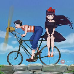 1boy 1girl absurdres bicycle black_dress black_hair blue_sky bow cosplay day denim dismaiden dress glasses hair_bow highres jeans kiki_(majo_no_takkyuubin) kiki_(majo_no_takkyuubin)_(cosplay) komi-san_wa_komyushou_desu komi_shouko long_hair majo_no_takkyuubin orange_shirt outdoors pants propeller riding riding_bicycle shirt short_hair sky striped_clothes striped_shirt tadano_hitohito tombo_(majo_no_takkyuubin) tombo_(majo_no_takkyuubin)_(cosplay) two-tone_shirt white_shirt