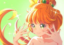 Rule 34 | 1girl, absurdres, blush, brown hair, closed mouth, collarbone, colored eyelashes, cure papaya, eriko (nakaeri gogo), gradient background, green background, green eyes, hair ornament, heart, heart in eye, highres, huge filesize, ichinose minori, long hair, looking at viewer, magical girl, mismatched eyelashes, nail polish, orange nails, portrait, precure, smile, solo, symbol in eye, tropical-rouge! precure, upper body, very long hair