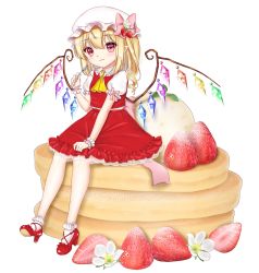 Rule 34 | 1girl, :3, ankle socks, arm up, blonde hair, blush, child, commentary request, flandre scarlet, flower, food, food-themed hair ornament, fork, fruit, hair between eyes, hair ornament, hairclip, hand on lap, hat, hat flower, hat ribbon, high heels, highres, holding, holding fork, ice cream, light smile, looking at viewer, medium hair, mini person, minigirl, mob cap, nyanyanoruru, pancake, partial commentary, petticoat, pointy ears, puffy short sleeves, puffy sleeves, red eyes, red footwear, red skirt, red vest, ribbon, shirt, short sleeves, simple background, single drill, sitting, sitting on food, skirt, skirt hold, skirt set, socks, solo, strawberry, strawberry blossoms, strawberry hair ornament, touhou, vest, white background, white hat, white shirt, white socks, wings, wrist cuffs, yellow neckwear