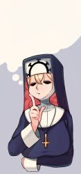 Rule 34 | 184nx, 1girl, blonde hair, cross, cross necklace, double (skullgirls), closed eyes, finger to cheek, highres, index finger raised, jewelry, necklace, nun, skullgirls, solo, thought bubble, upper body
