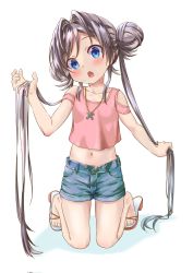 Rule 34 | 1girl, blue eyes, blush, denim, denim shorts, double bun, feet, female focus, full body, hair bun, hair intakes, highres, holding, holding hair, jewelry, kneeling, long hair, looking at viewer, magia record: mahou shoujo madoka magica gaiden, mahou shoujo madoka magica, midriff, necklace, open mouth, pink shirt, purple hair, sandals, shirt, short shorts, shorts, simple background, solo, thighs, toes, twintails, unbuttoned, very long hair, white background, yakumo mikage, yappariga