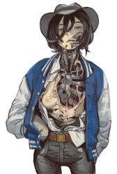 Rule 34 | 1girl, belt buckle, black hair, blue eyes, bob cut, buckle, commission, contrapposto, cowboy hat, cowboy shot, cyborg, flesh, hair between eyes, hands in pockets, hat, heart, highres, jacket, jersey, looking at viewer, mechanical parts, mossacannibalis, nipples, one breast out, open clothes, open jacket, open shirt, original, shirt, shirt tucked in, simple background, solo, teeth, torn skin, white background, white shirt