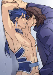 Rule 34 | 2boys, blue hair, brown eyes, brown hair, cu chulainn (fate), domination, fate/stay night, fate (series), handjob, held down, jewelry, kon manatsu, kotomine kirei, cu chulainn (fate/stay night), long hair, male pubic hair, master, molestation, multiple boys, necklace, ponytail, pubic hair, red eyes, restrained, sexy44, yaoi