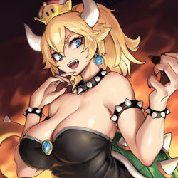 Rule 34 | &gt;:d, 1girl, :d, armlet, bare shoulders, black dress, blonde hair, blue eyes, blue gemstone, bowsette, bracelet, breasts, cleavage, collar, commentary, crown, dress, earrings, fangs, female focus, fingernails, gem, hair between eyes, hand to own mouth, hands up, happy, horns, jewelry, large breasts, leotard, lips, long fingernails, long hair, looking at viewer, mario (series), monster girl, neck, new super mario bros. u deluxe, nintendo, oopartz yang, open mouth, ponytail, sharp fingernails, shell, smile, solo, spiked armlet, spiked bracelet, spiked collar, spiked shell, spiked tail, spikes, strapless, strapless dress, super crown, tail, teeth, turtle shell, upper body, upper teeth only, white horns