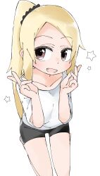 Rule 34 | 1girl, :d, absurdres, bike shorts, black scrunchie, black shorts, blonde hair, brown eyes, casual, collarbone, fang, from above, hair ornament, hair scrunchie, hands up, highres, jijou wo shiranai tenkousei ga guigui kuru., kasahara sumire, kawamura taku, long hair, looking at viewer, looking to the side, looking up, official art, open mouth, parted bangs, ponytail, scrunchie, seiza, shirt, short shorts, short sleeves, shorts, simple background, sitting, smile, solo, star (symbol), thick eyelashes, v, w arms, white background, white shirt