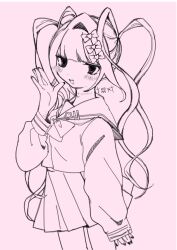 Rule 34 | 1girl, absurdres, blunt bangs, blush, bow, chouzetsusaikawa tenshi-chan, commentary request, hair bow, hair ornament, hand up, heart, heart hair ornament, highres, iku (19 nyq), long hair, long sleeves, looking at viewer, monochrome, multiple hair bows, needy girl overdose, open mouth, pleated skirt, quad tails, rope marks, sailor collar, school uniform, self-harm scar, serafuku, shirt, simple background, skirt, smile, solo, standing, twintails, very long hair